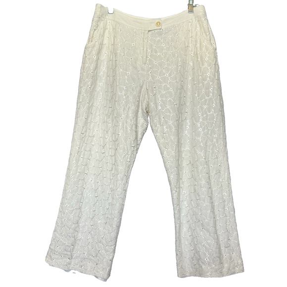 Womens Eyelet Wide Leg Minimalist Linen Pants Size 14 Resort Luxury Embroidered - Picture 1 of 13